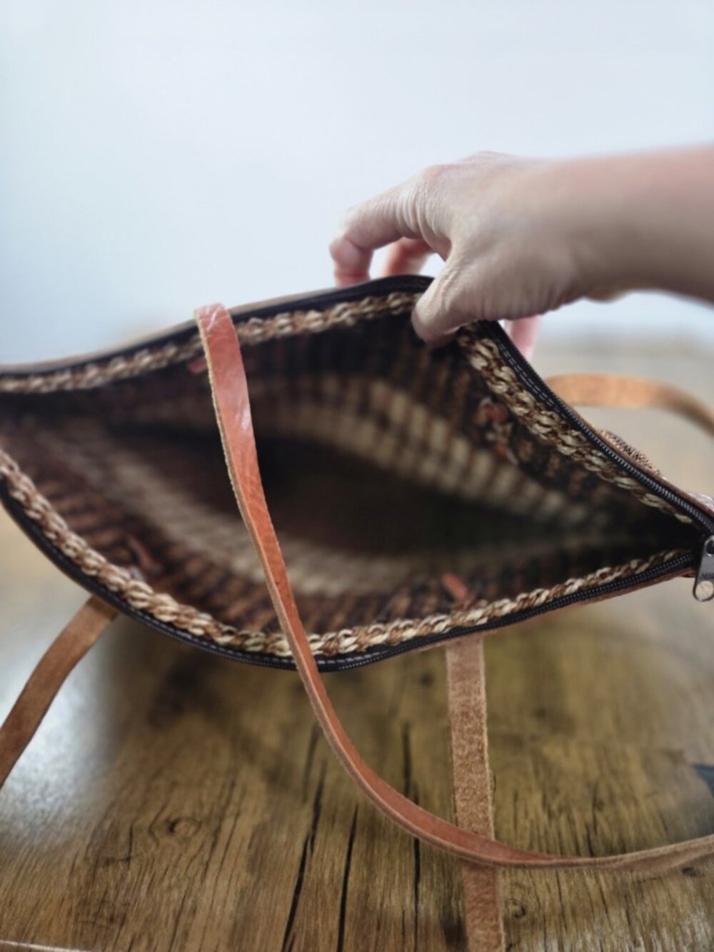 vtg Sisal Jute leather shopper tote african kenya tote purse zip closure - Picture 9 of 10